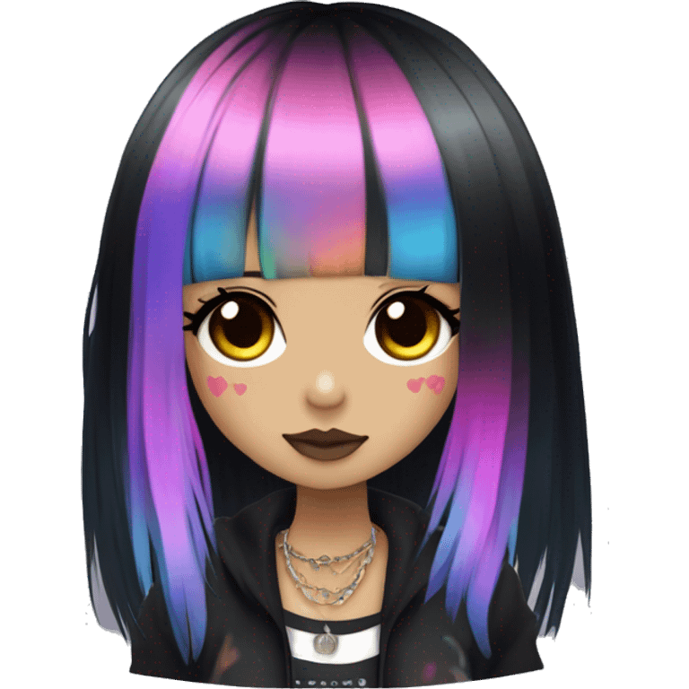 hime gyaru girl, long black hair with rainbow fringe, tattoos, dark makeup, goth grunge clothes emoji