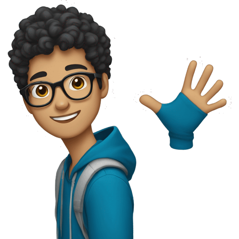 Cheerful Pakistani teenager with black curly hair and black glasses. He's wearing a blue hoodie. emoji