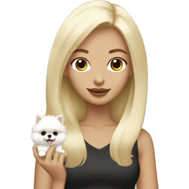 blonde hair girl holding a white cream pomeranian  emoji