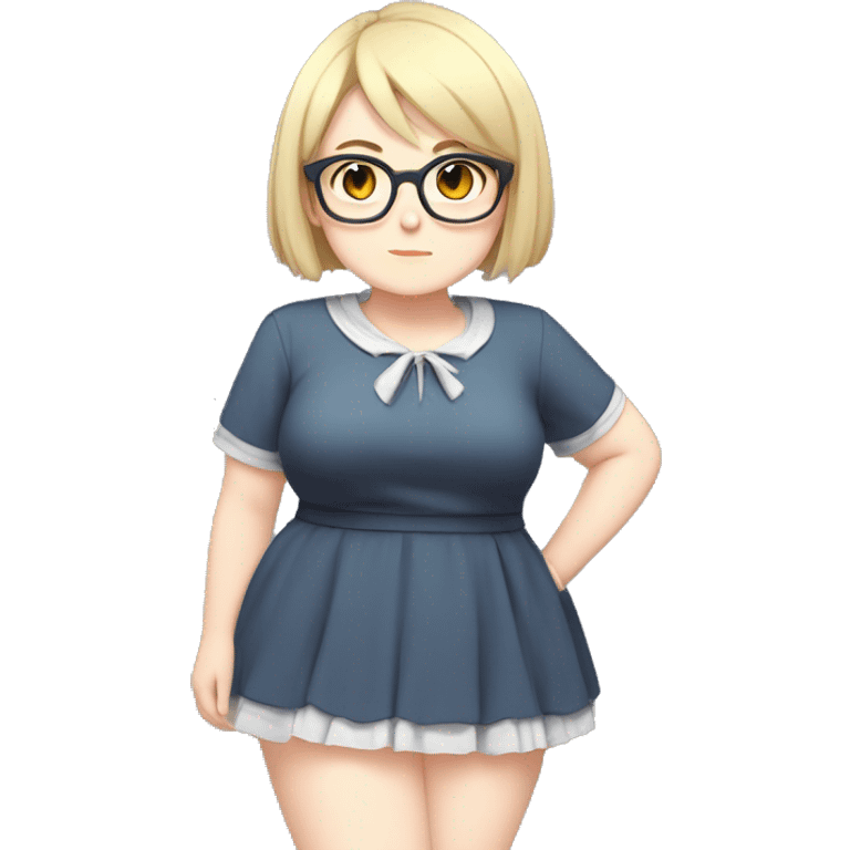 Chubby anime girl with glasses and short blond hair, full body wearing cute dress emoji