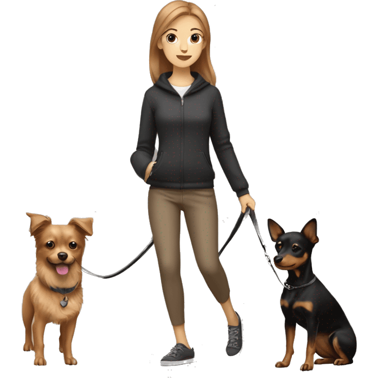 A light brown haired girl, walking one small black and tan miniature Pinscher and one big light brown Spitz on the lead emoji