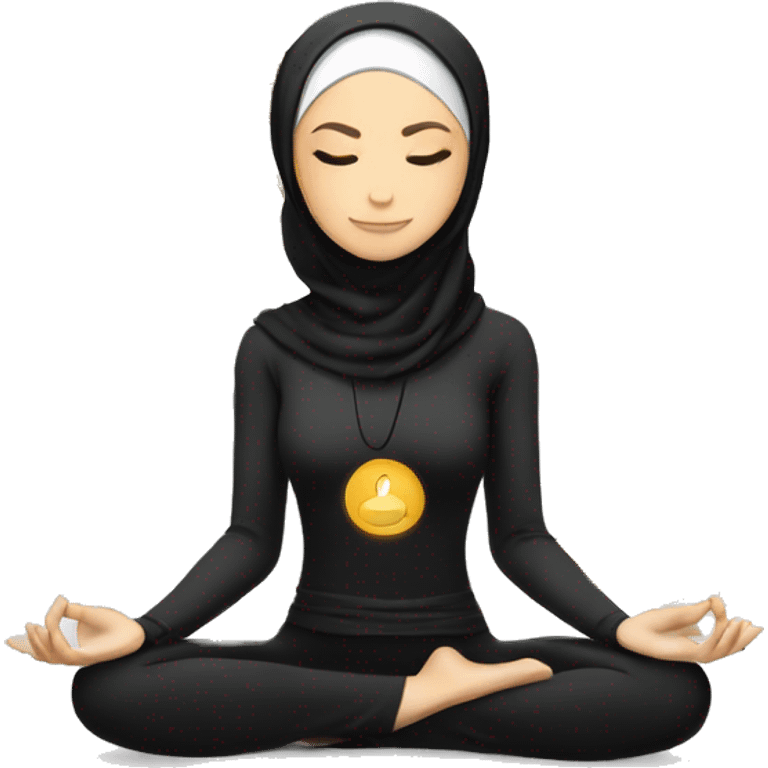 Slender woman in black suit and hijab for yoga with amulet sits in lotus pose with eyes closed emoji