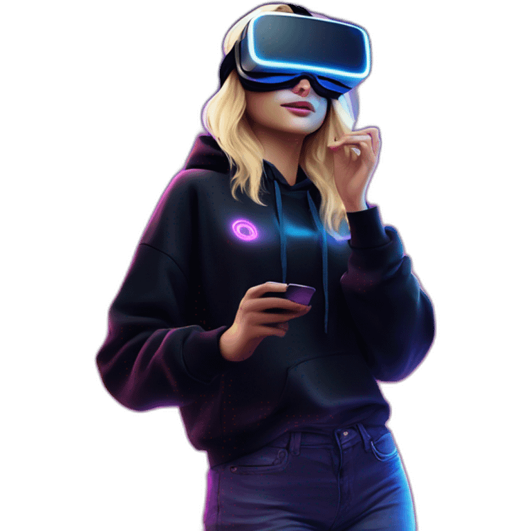 Russian blondy girl celebrating her birthday wearing a black hoodie and VR headset in a cyberpunk VR environment with violet neon lighting emoji