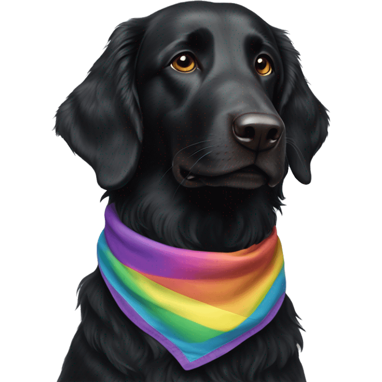 Black Flat coated retriever with small ears wearing rainbow bandana emoji