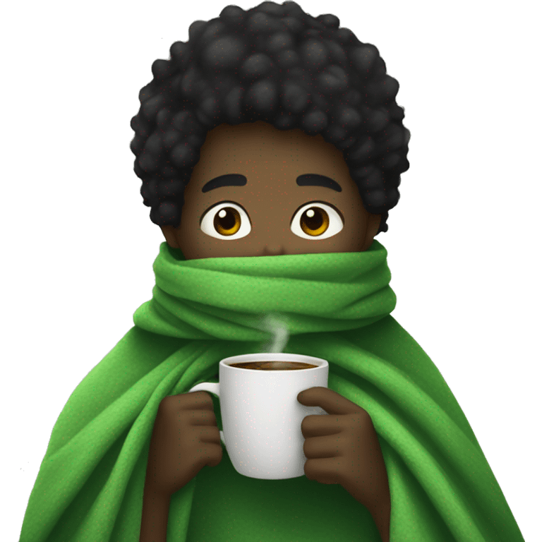 black hair boy wrapped in green blanket drinking coffee emoji