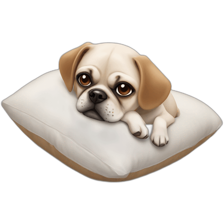 White puggle with brown ears laying on pillow emoji