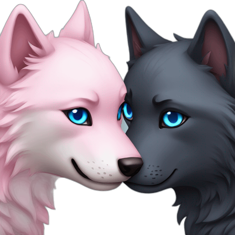 Black wolf with blue eyes kissing gray tiger with pink eyes emoji