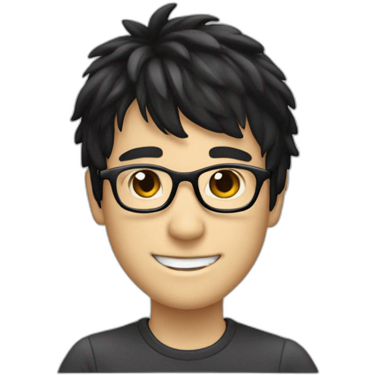 smiling white boy with black hair and bangs and glasses emoji