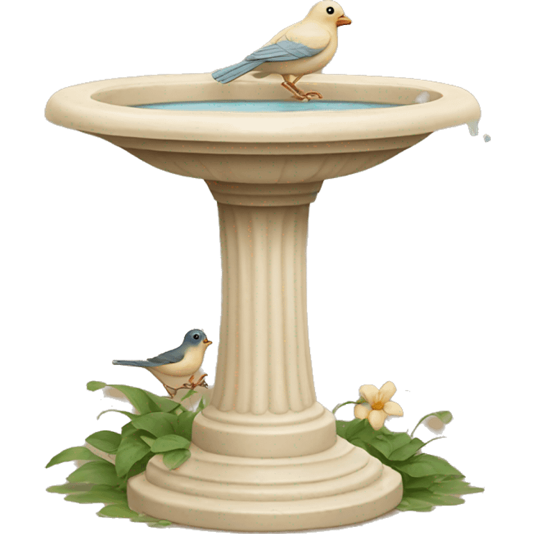 Vintage beige bird bath with a small bird in courtyard  emoji