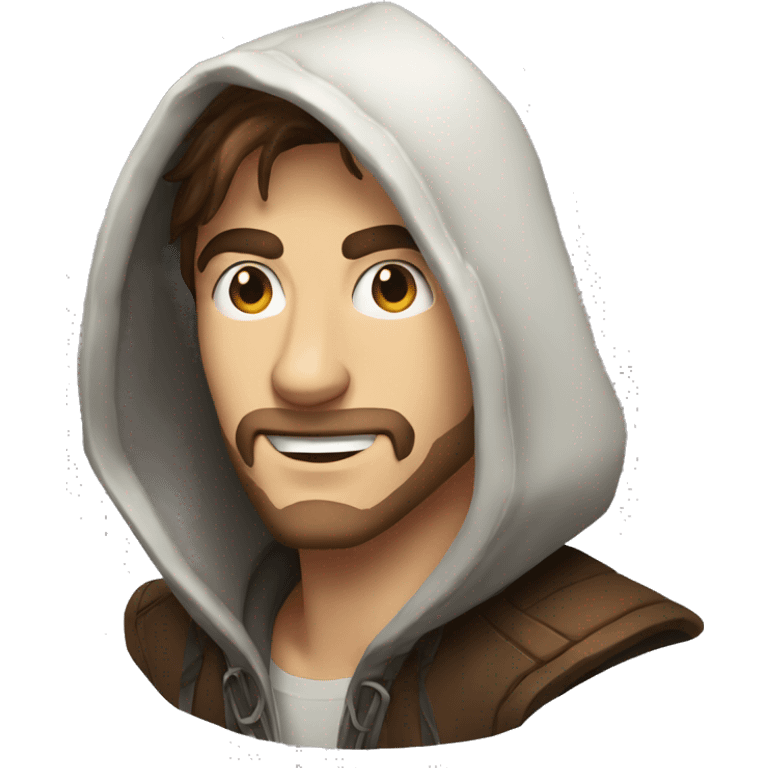 human male rogue with brown hair wearing a hood grinning sneakily emoji