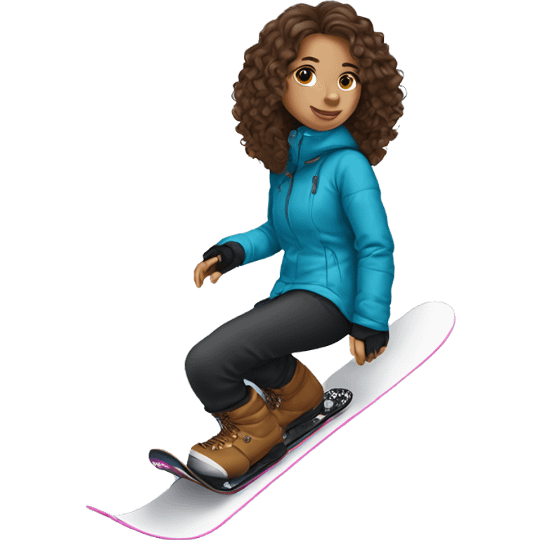 Girl long curly brown hair white skin and black mini pincher on snowboard emoji