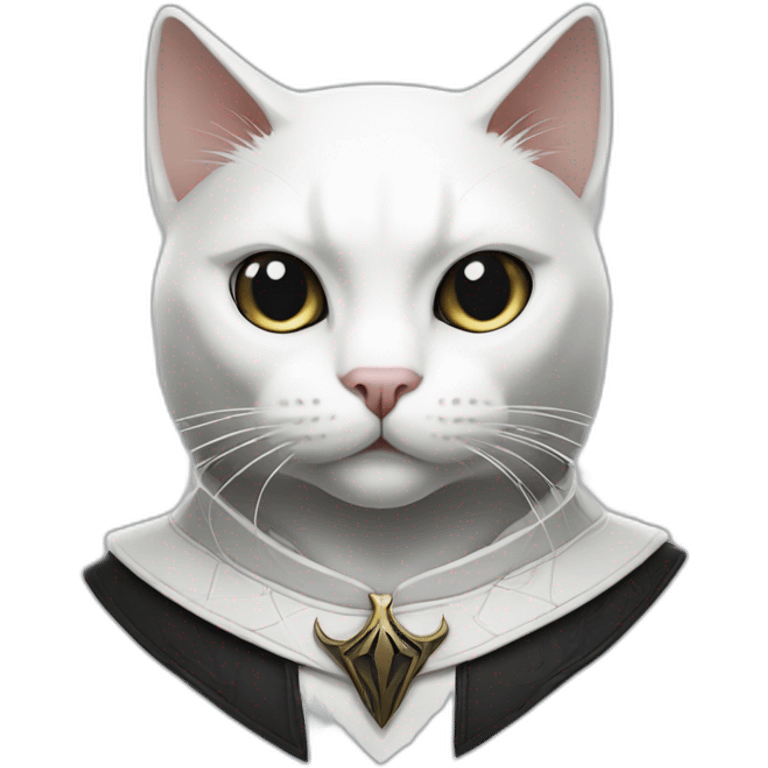 White cat with black assassin's creed logo on face emoji