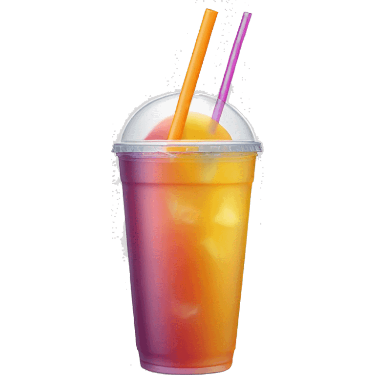 Realistic plastic domed lid cup with one colorful straw and juice with ice inside of the cup. emoji