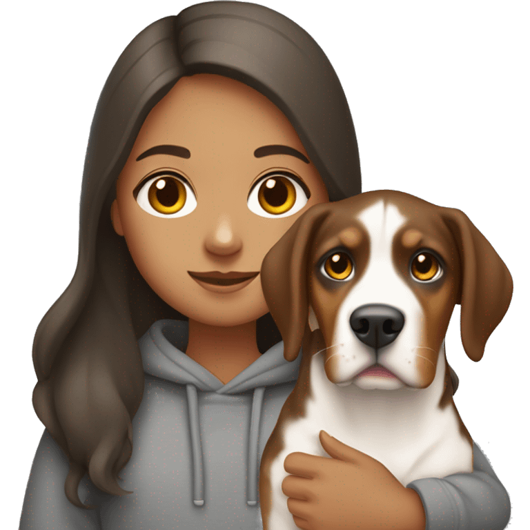 girl with long brown hair wearing a grey sweatshirt and holding a greater swiss mountain dog emoji