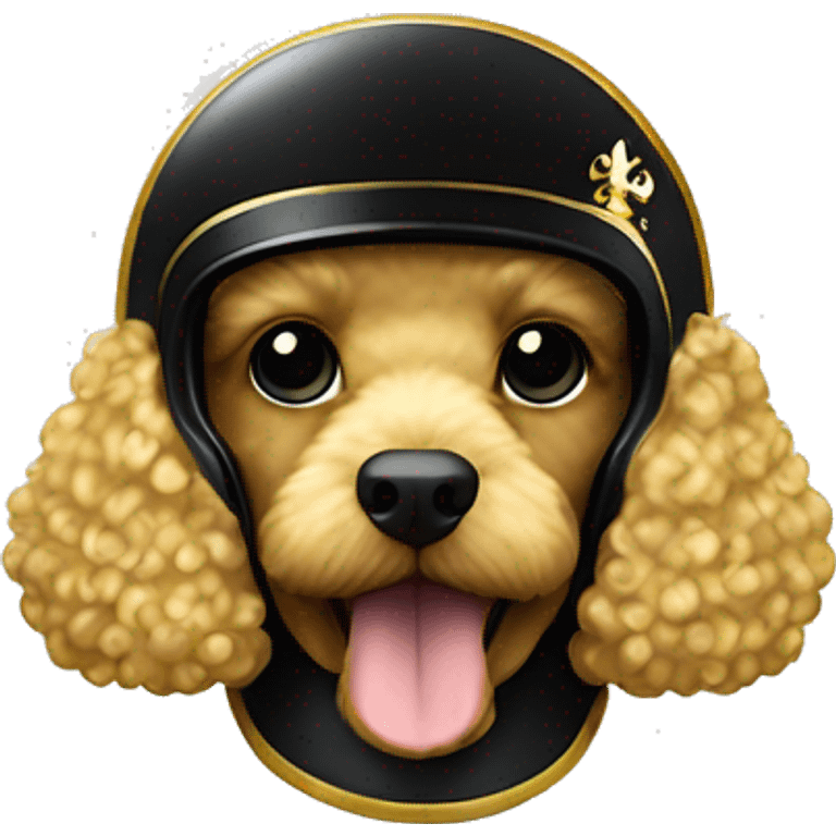 Gold poodle wearing a black football helmet with gold stripe and gold fleur de lis emblem emoji