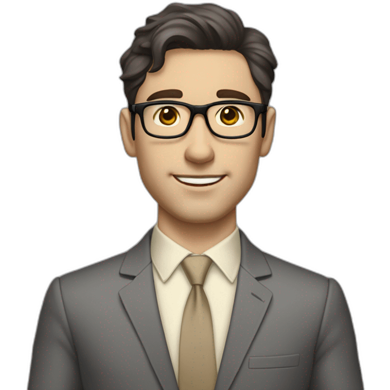 Full height Pale skinned Fit Man With dark brown hair in classic gray suit, beige office shirt, dark gray tie, and vintage glasses. His palms lock emoji