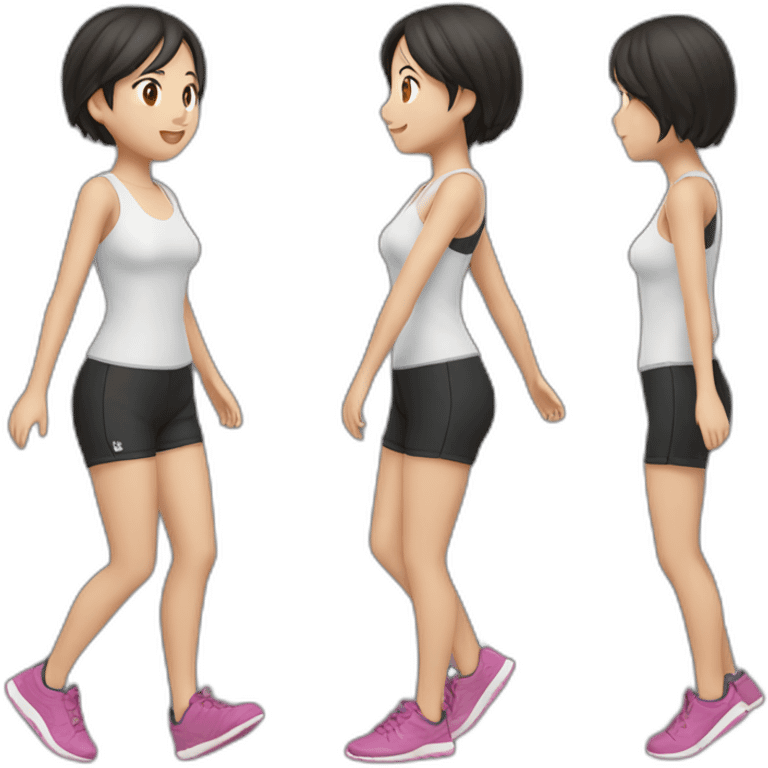 asian girl running，black shirt and shorts，full body，side view emoji