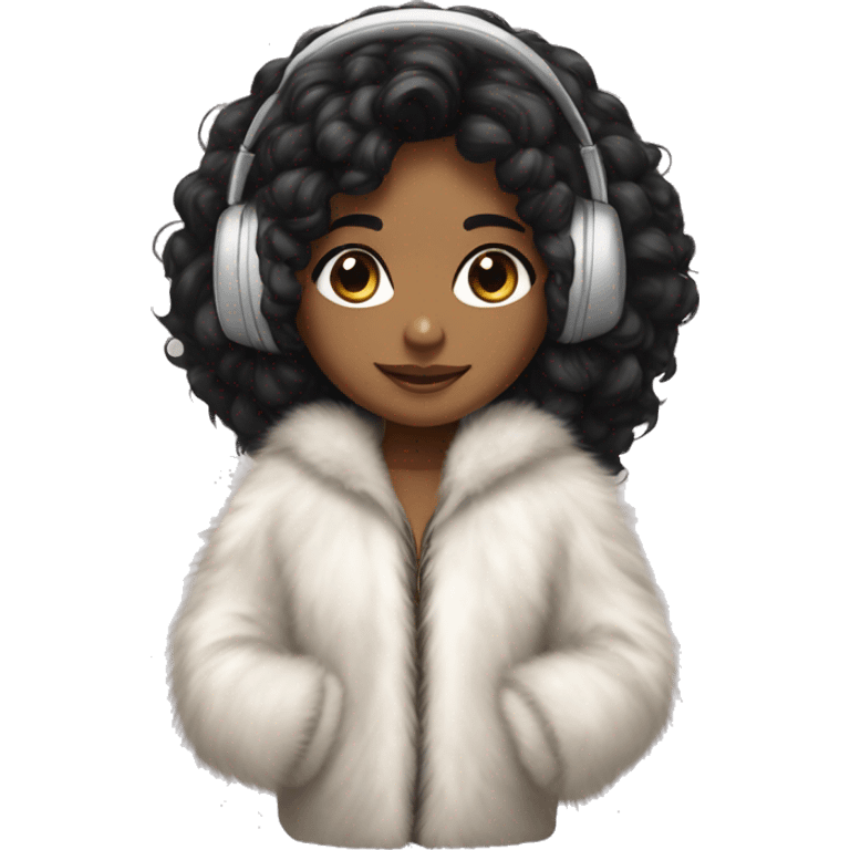 A brown Indian girl with big eyes, curly black hair, and Sony white headphones in a fur jacket emoji