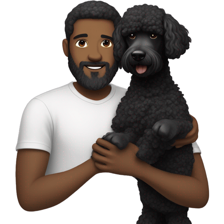 Black-haired and white guy with beard hugs black poodle dog  emoji