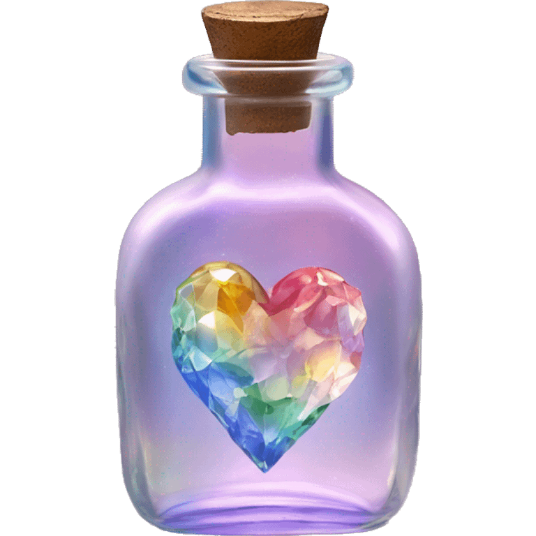 Antique oil heart bottle made of crystal glass of all gentle colors of the light rainbow, a living flower fairy sits at the bottom of the bottle emoji