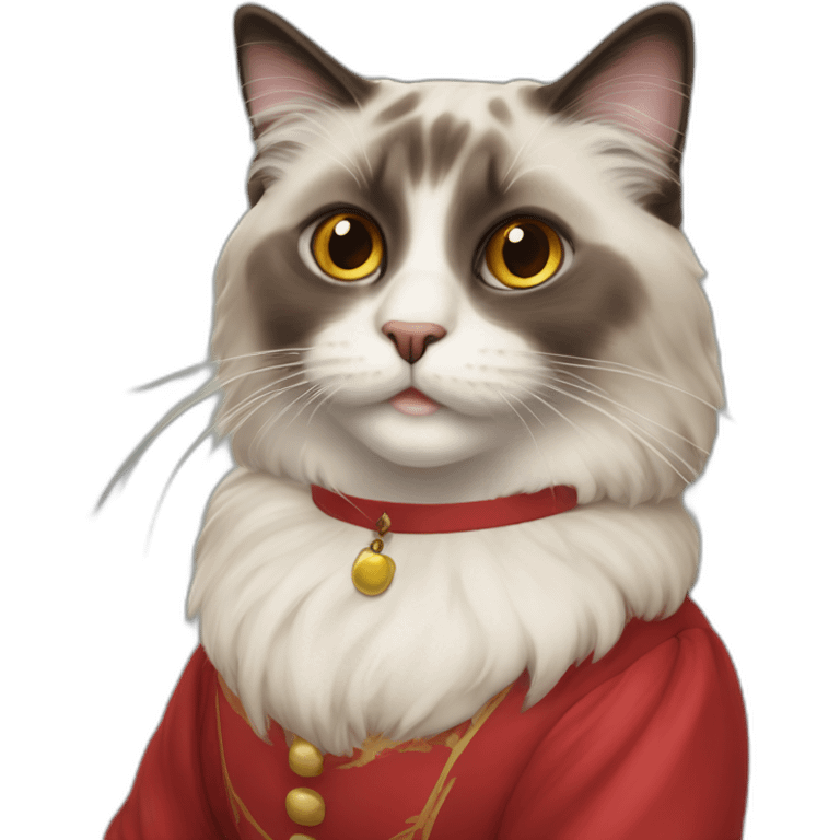 Ragdoll cat with pecifier in its mouth and red dress emoji