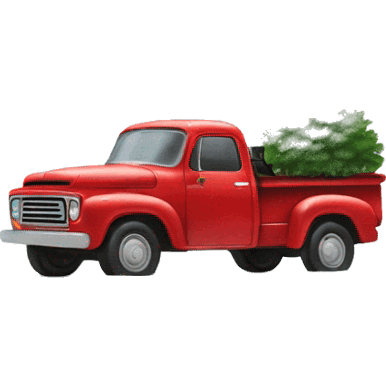 Old red truck with a pine tree in the back snow on truck and tree emoji