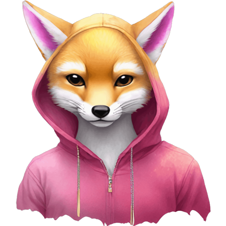 Pink magenta burgundy maroon cyan beige gray fox wearing a pink hoodie with gold jewellery gold piercings gold ear piercing gold nose piercing vintage watercolour tie dye black raven wings emoji