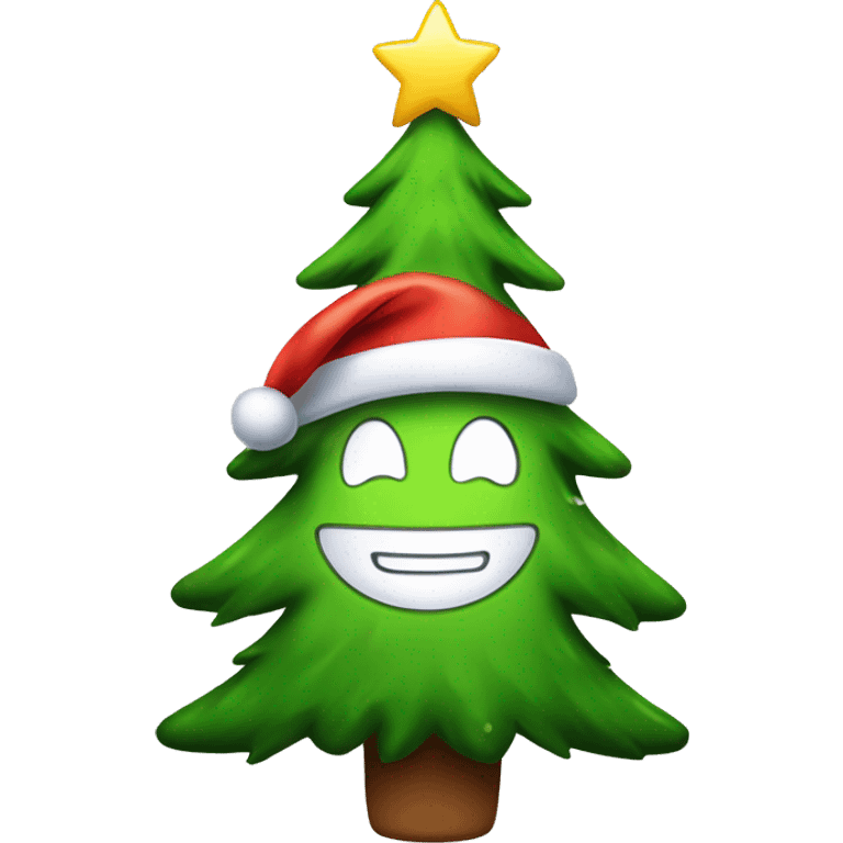 Happy christmas tree character with santa hat and anime smile emoji