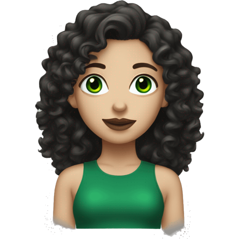 white girl with very green eyes and black long curly hair, and earrings, and green top, and mascara and lipstick emoji