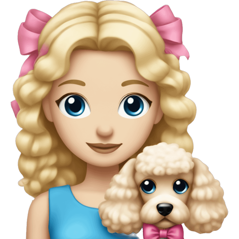 Blonde girl with blue eyes holding a poodle with a pink bow ￼ emoji