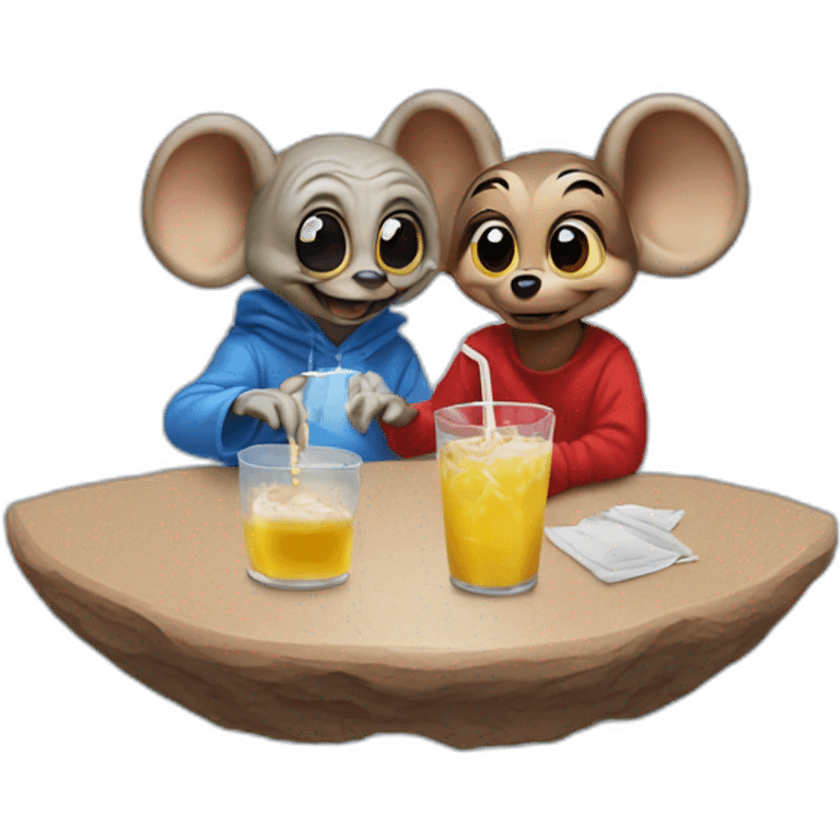 E. T and mickey Mouse drinks a tee emoji