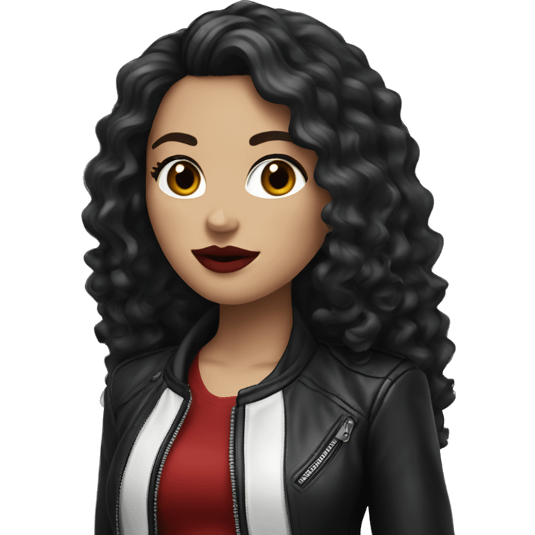 White girl, with long curly black hair, with red lipstick, wearing leather jacket emoji