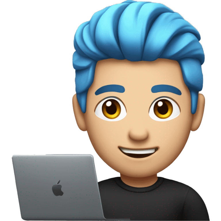 memoji of a man with a laptop in front, apple-style, modern, blue hair, black sweater, computer in hand, sites on a desk emoji