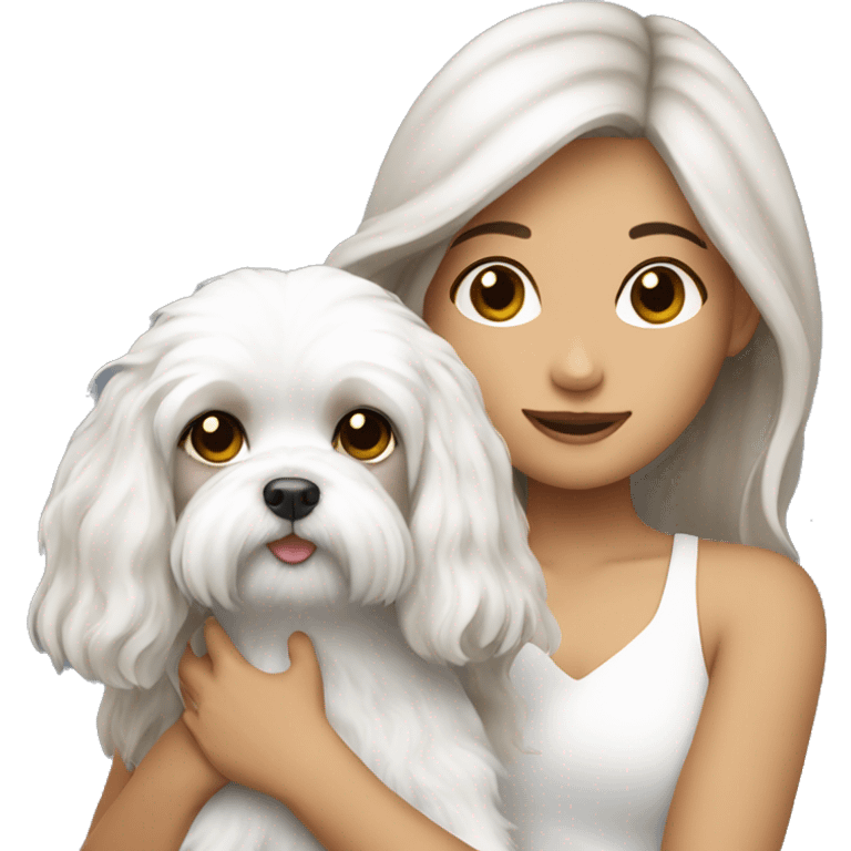 Brunette girl long hair holding a Maltese dog emoji