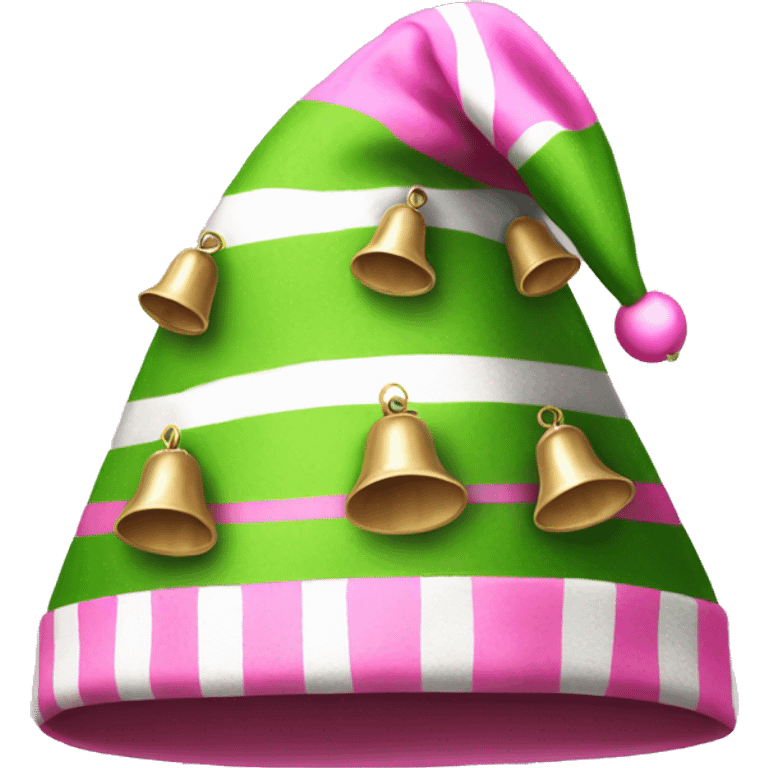 Realistic isolated pink and green Striped elf hat with bells. emoji