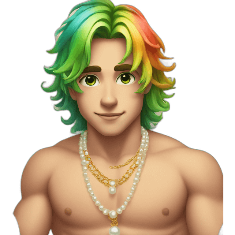 Posh-muscle-boy-green-eyes-rainbow-hair-pearl-necklace-in-golden-bathtub emoji