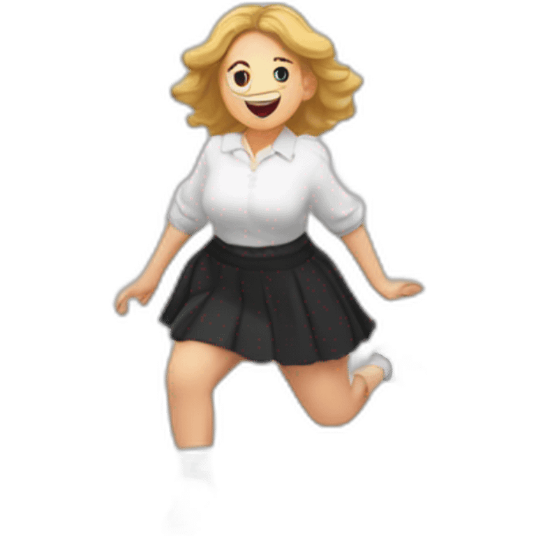 alistic-full-body-caucasian-curvy-beauty-jumping-short black-skirt-back-and-front-views-strong-wind-knickers-long-white-socks emoji