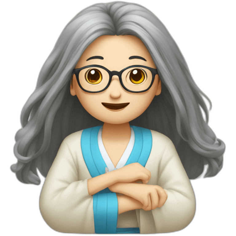 Chinese senio lady has long hair wear glasses show love sign emoji