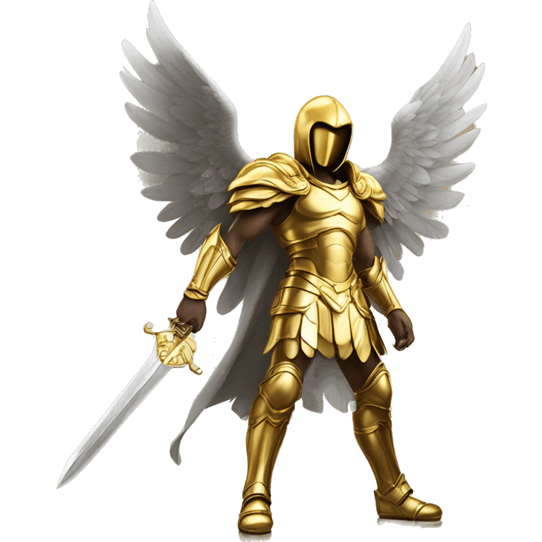 an archangel with golden wings in golden armor, in a golden hood, his face is not visible in the shadows, holding a golden sword in his hand, in full growth emoji