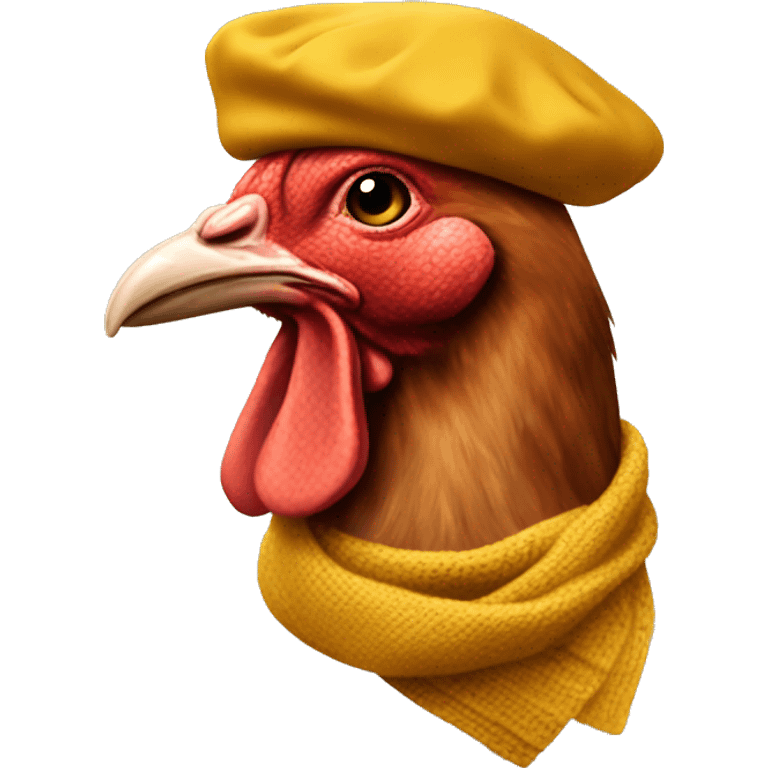 hen profile wearing a mustard scarf and a mustard colored beret emoji