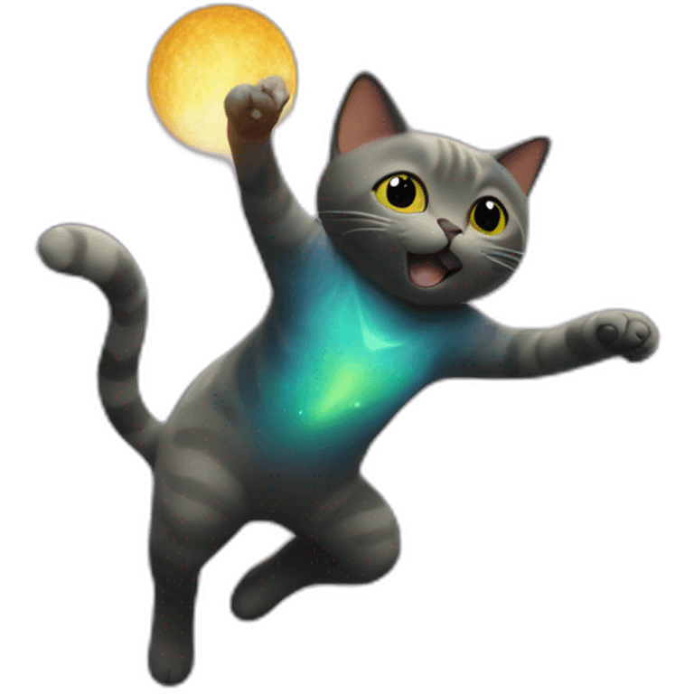 Cat flying like a bird in the galaxy with an dancing alien emoji