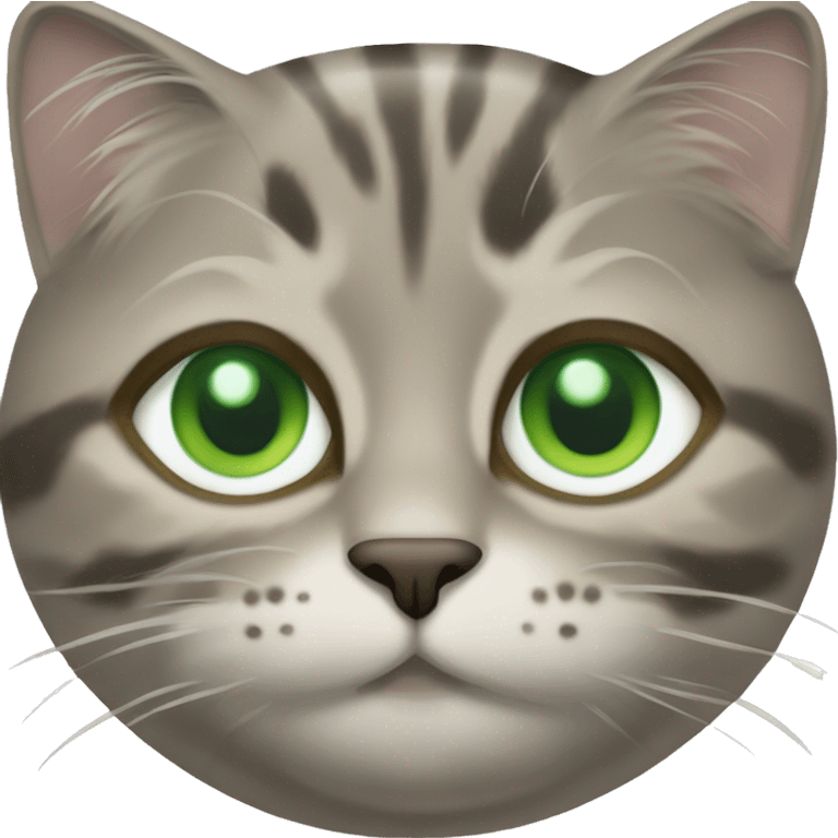 Brown-grey mackerel tabby cat with partially white face and green eyes emoji