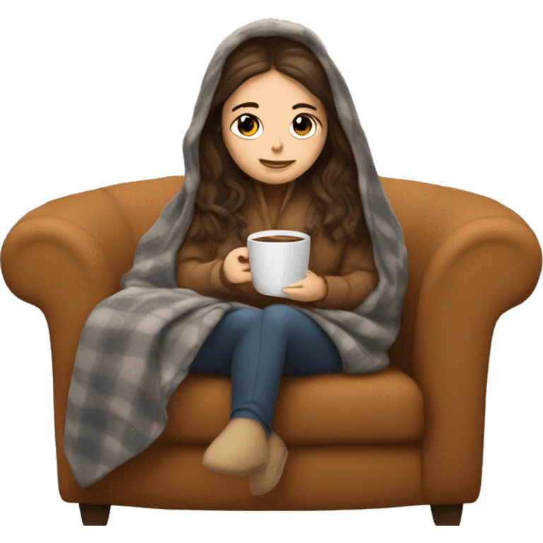 Brunette white girl covered in blanket autumn vibe sitting on a cozy chair holding coffee emoji