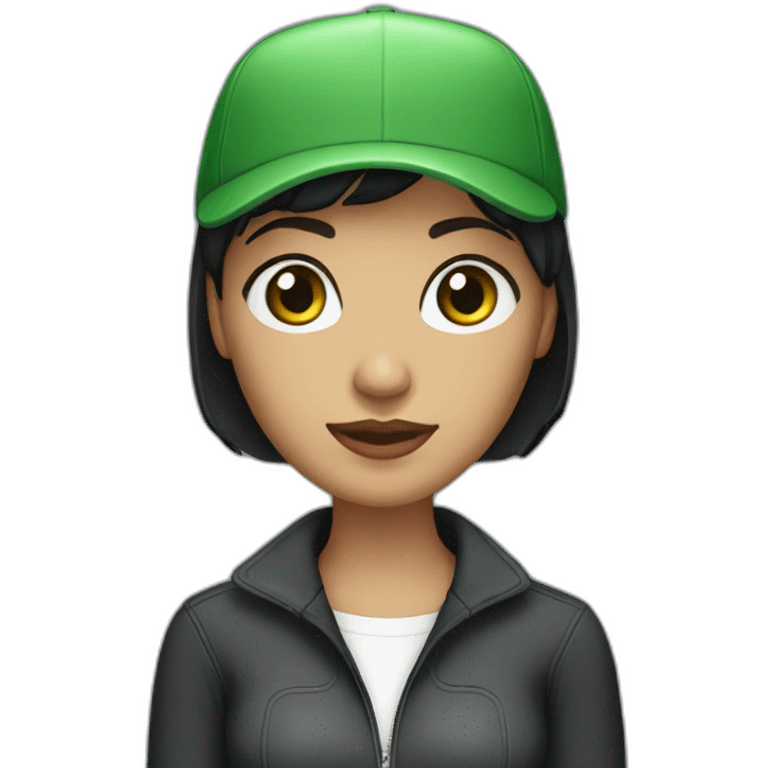 woman with black bob haircut, green eyes, and a cap, behind laptop emoji