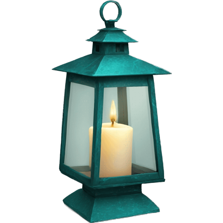 Realistic Single HD teal rustic lantern with glass and lit candle inside. emoji