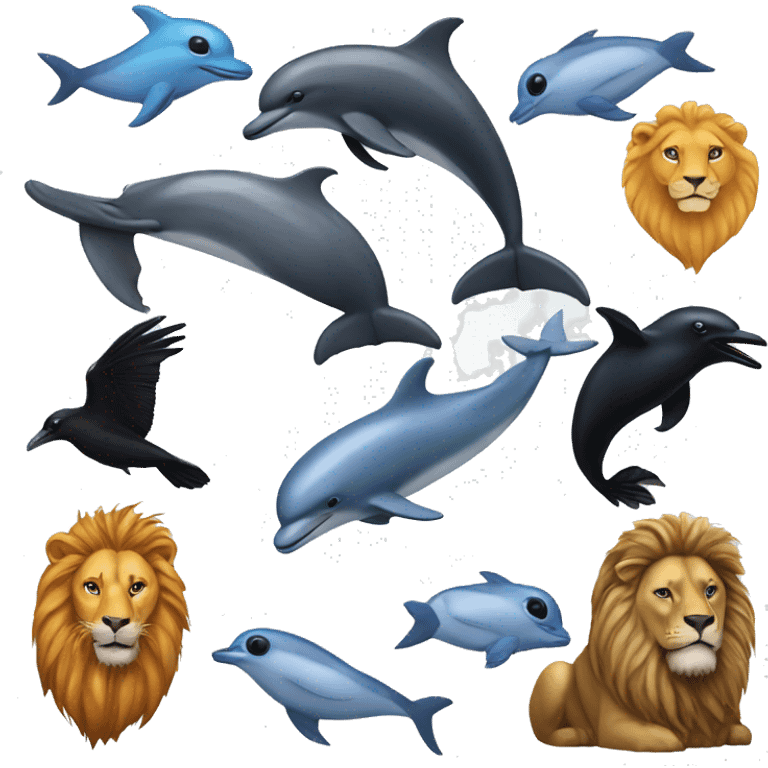 Dolphin, lion, raven emoji emoji