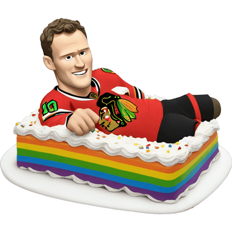 Jonathan Toews laying on a rainbow cake emoji