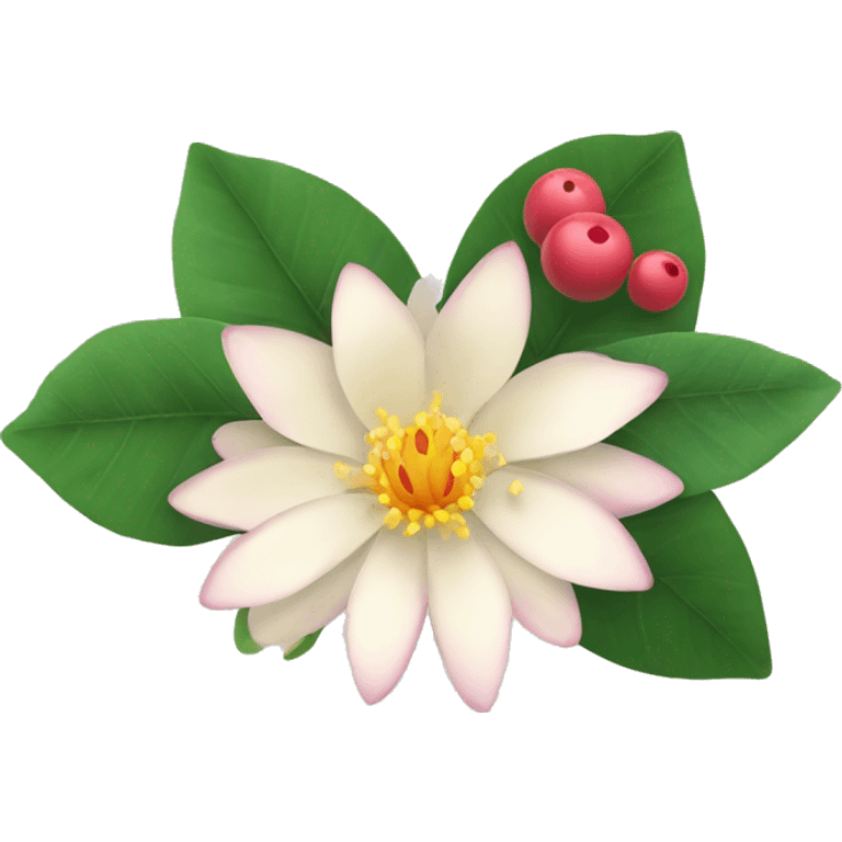 bunch of flowers including water lily and holly berries emoji