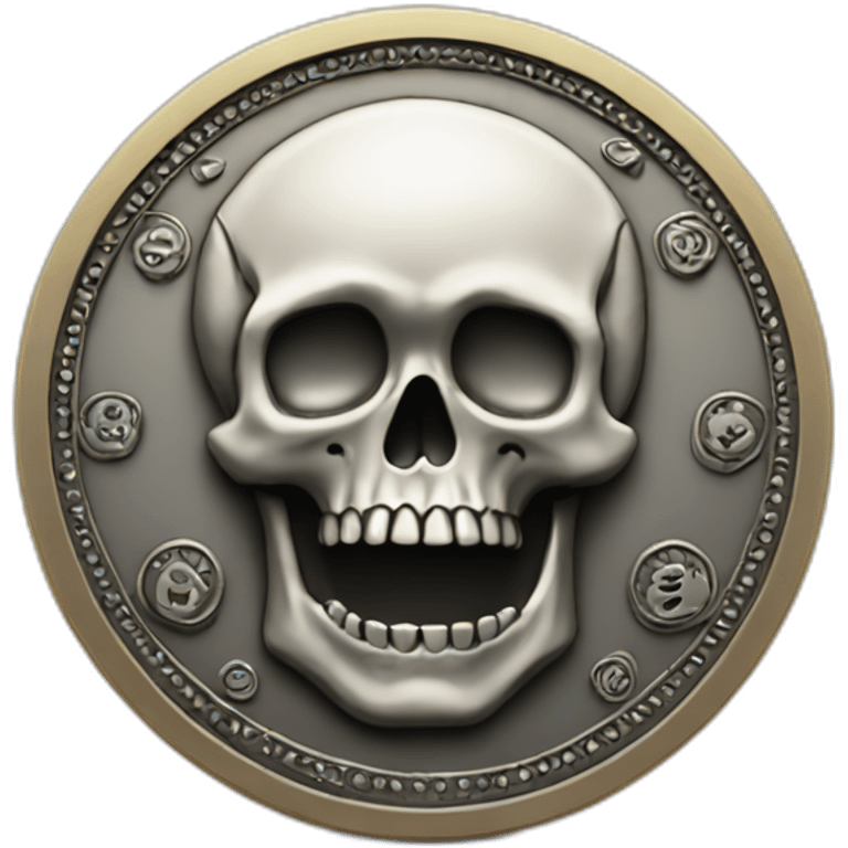 A coin with patterns with a small skull in middle emoji