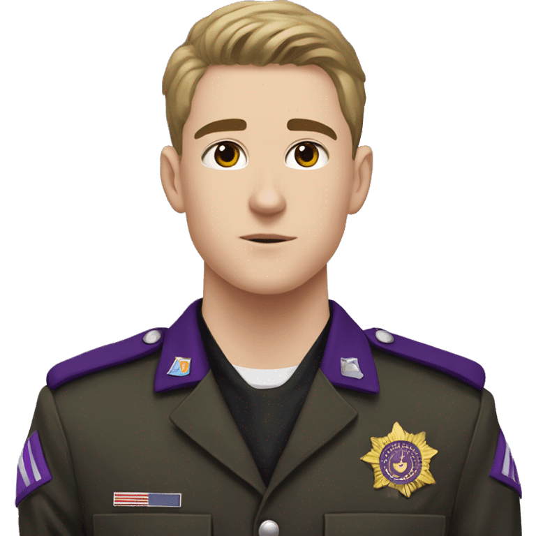 Young White Man , 19 years old, in black military uniform, with purple insignia. On the left of the uniform it says KDS emoji